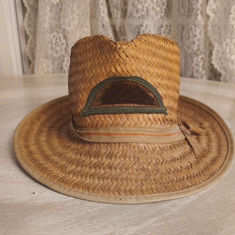 Vintage -Woven Straw Sun Hat with Green Fabric - Women / Children's